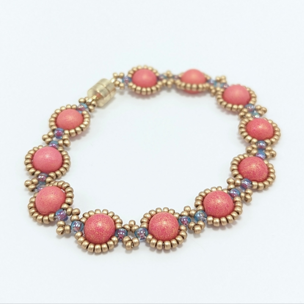 Coral & Gold Beaded, Handmade Bracelet